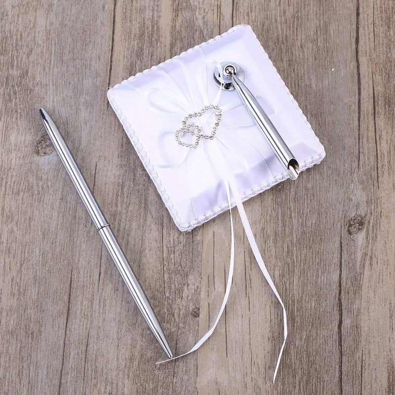 FRECI Wedding Guest Book and Pen Set Double Heart Rhinestone Decor Signature Book with Pen for Wedding Party Decorations - White - Image 3